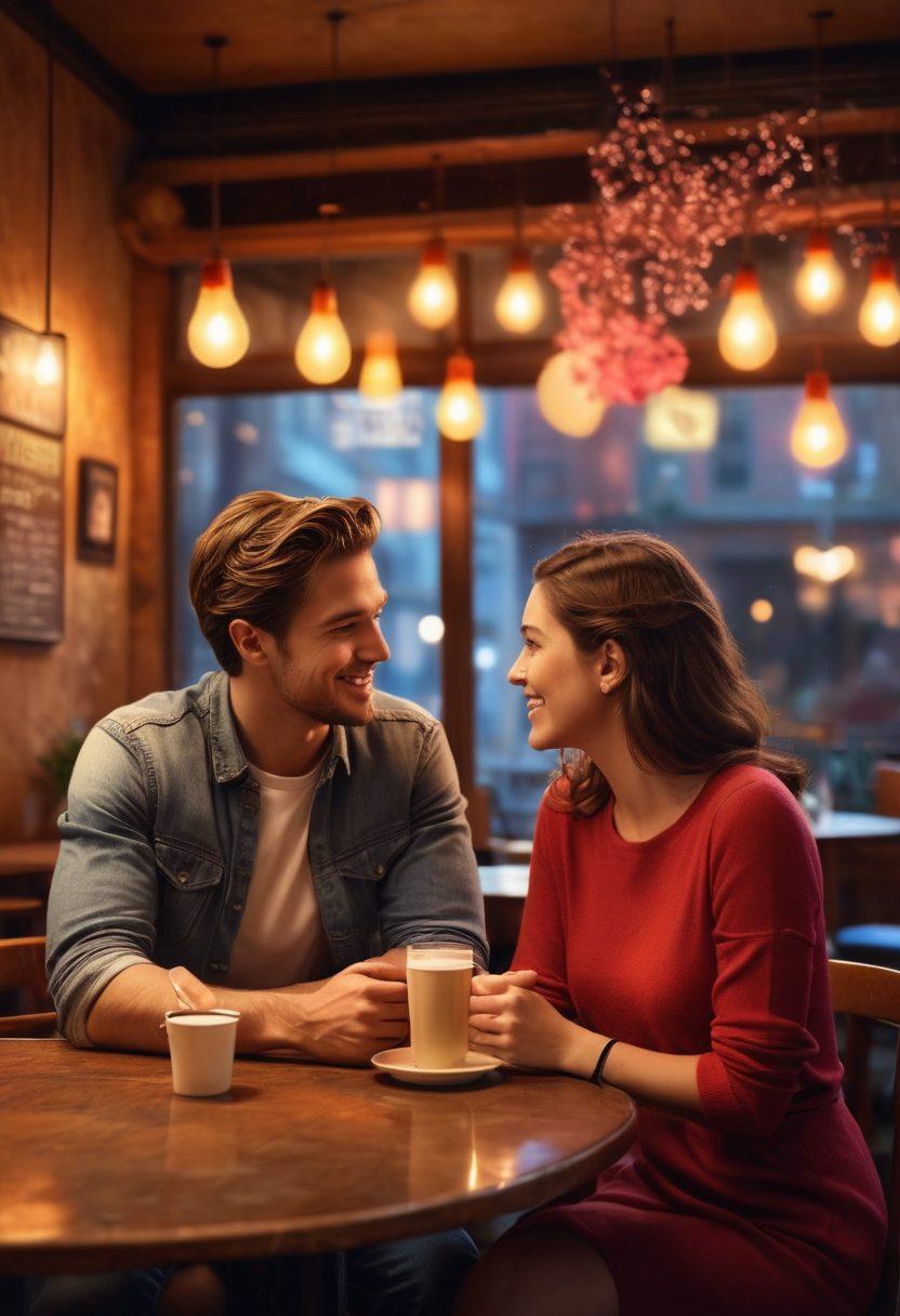 A captivating scene depicting a romantic couple in a cozy, dimly-lit café, engaging in playful flirting with subtle body language and smiles. Surrounding them are digital elements, like glowing social media icons and text bubbles, symbolizing the influence of technology in modern relationships. The ambiance should radiate warmth, intimacy, and intrigue, encouraging viewers to explore the complexities of passion in the digital realm. super-realistic. vibrant colors. soft focus.