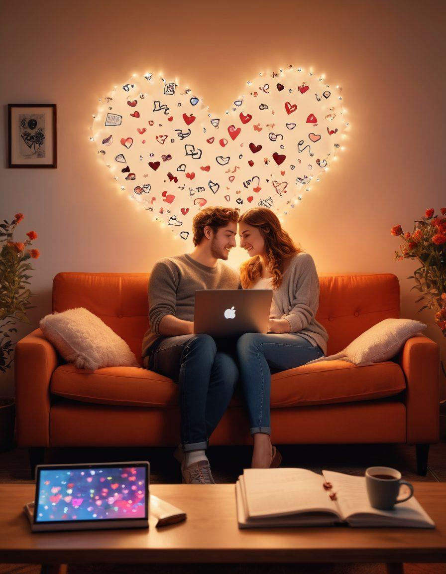 A vibrant visual of a couple connecting through a laptop on a cozy couch, surrounded by symbols of modern romance like hearts and chat bubbles. The ambiance should blend warm lighting with an intimate atmosphere, emphasizing digital connections. Include the contrast of traditional romance, such as flowers or handwritten notes. super-realistic. warm colors. cozy vibe.
