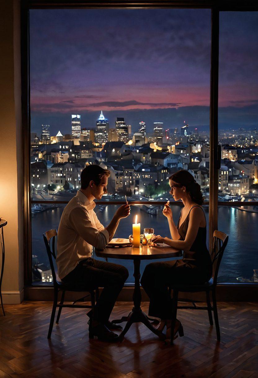 A captivating scene depicting a couple engaging in a deep conversation over a candle-lit dinner, surrounded by shadows that hint at flirtation and intimacy. The background shows a cityscape at dusk, representing modern dating, while subtle symbols of relationship dynamics, like intertwined hearts and broken chains, float around them. The mood should be romantic yet complex, inviting the viewer to explore the themes of love and sexuality. vibrant colors. super-realistic. intimate atmosphere.